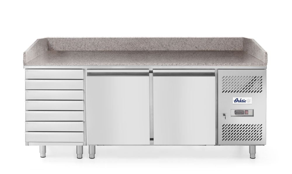 2-dörrars pizzakylbord med 7 lådor, med granitbänkskiva, Arktic, 250L, 230V/250W, 2020x802x(H)1000mm