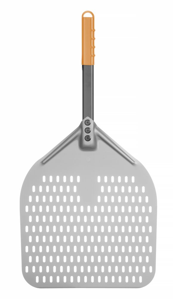 Pizza peel with short handle, squared, perforated