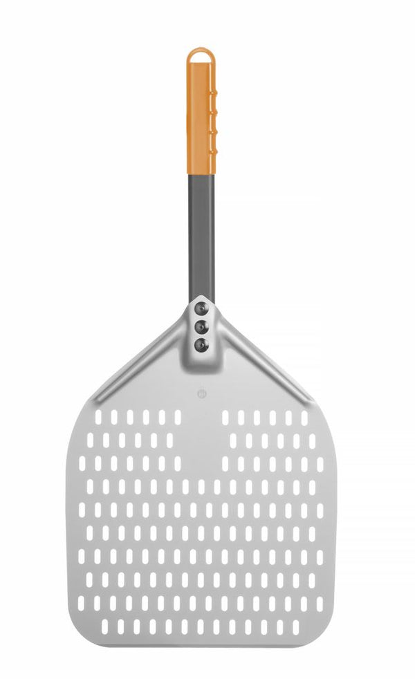 Pizza peel with short handle, squared, perforated