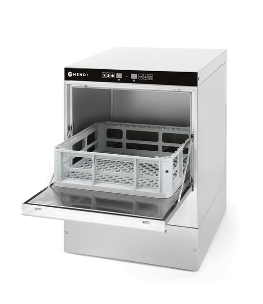 Glasdiskmaskin 40x40 - elektromekanisk styrning, HENDI, med avlopps- och diskmedelspump, 230V/2800W, 470x510x(H)710mm