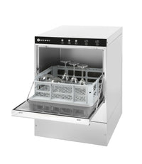 Hendi Glasdiskmaskin 40x40 - elektromekanisk styrning, med avlopps- och diskmedelspump, 230V/2800W, 470x510x(H)710mm