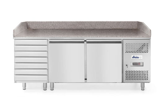 2-dörrars pizzakylbord med 7 lådor, med granitbänkskiva, Arktic, 250L, 230V/250W, 2020x802x(H)1000mm