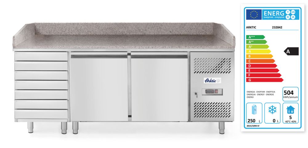 Arktic 2-dörrars pizzakylbord med 7 lådor, med granitbänkskiva, 250L, 230V/250W, 2020x802x(H)1000mm