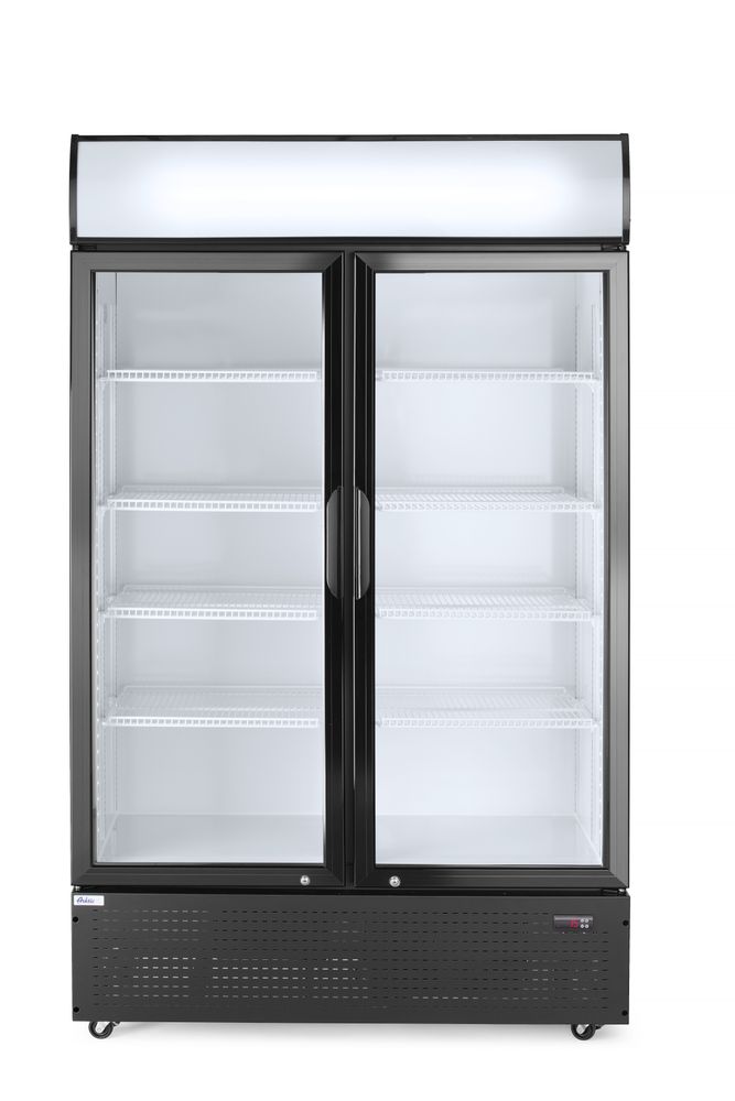 Back bar refrigerator with a backlit panel, double-door
