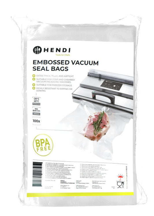 Präglade vakuumpåsar, HENDI, Räfflade förpackningspåsar, 100 st., 150x250mm