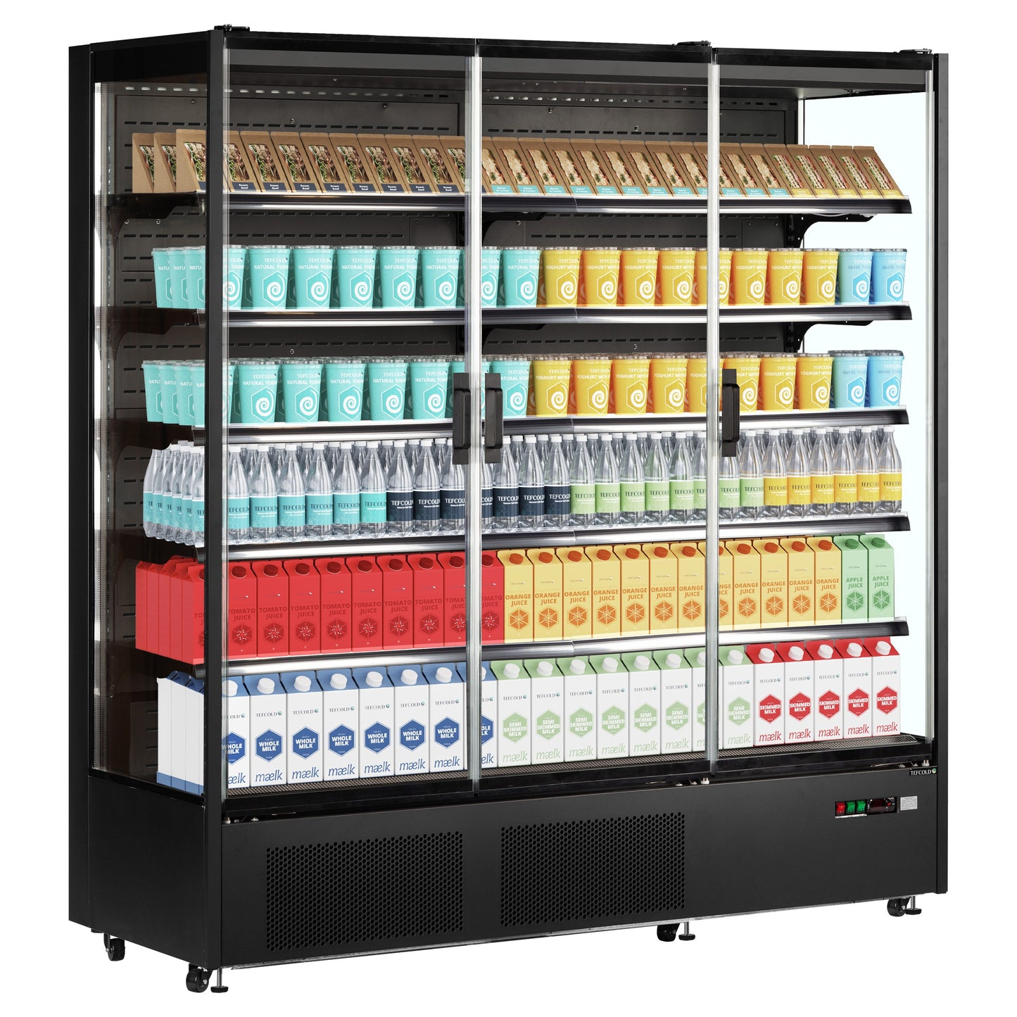 PC1870B - Multideck-kyl för stormarknader - Svart multideck-kyl med ramlösa glasdörrar
