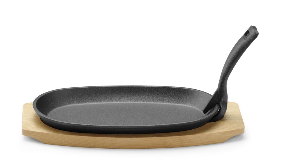 Gjutjärnsfat med träunderlägg och grepp, HENDI, Svart, 280x140x(H)30mm, Oval