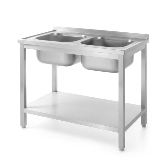 Bord med 2 handfat, med hyllplan – bultad, HENDI, Profi Line, 1000x700x(H)850mm