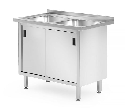 Bord med 2 diskhoar, skåp – svetsat, med skjutdörrar, HENDI, Profi Line, 1000x600x(H)850mm