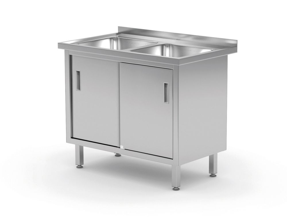 Hendi Bord med 2 diskhoar, skåp – svetsat, med skjutdörrar, Profi Line, 1000x600x(H)850mm