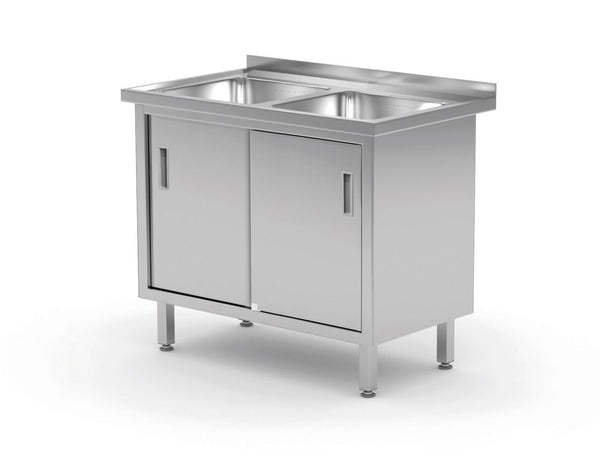 Hendi Bord med 2 diskhoar, skåp – svetsat, med skjutdörrar, Profi Line, 1000x600x(H)850mm