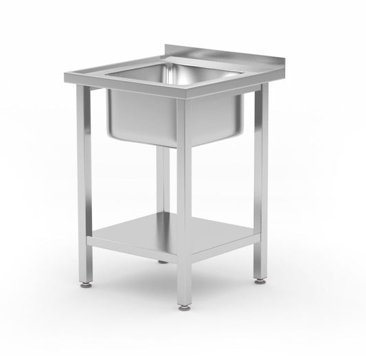 Diskbänk med hyllplan, bultad, HENDI, Kitchen Line, diskho i mitten, 600x600x(H)850mm