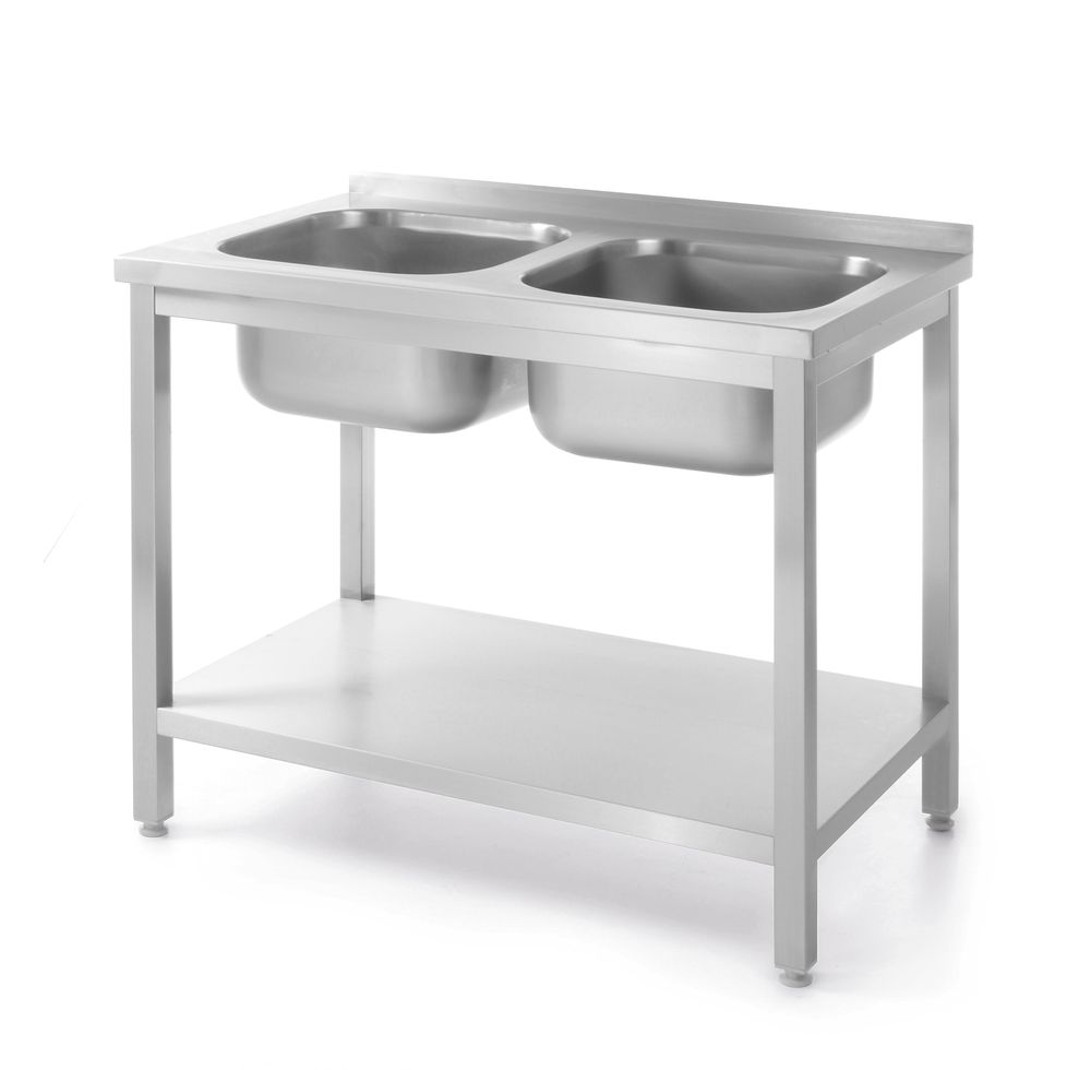Bord med 2 diskhoar och hyllplan, bultad, HENDI, Kitchen Line, två diskhoar, 1000x600x(H)850mm