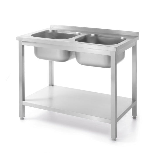 Bord med 2 diskhoar och hyllplan, bultad, HENDI, Kitchen Line, två diskhoar, 1000x600x(H)850mm
